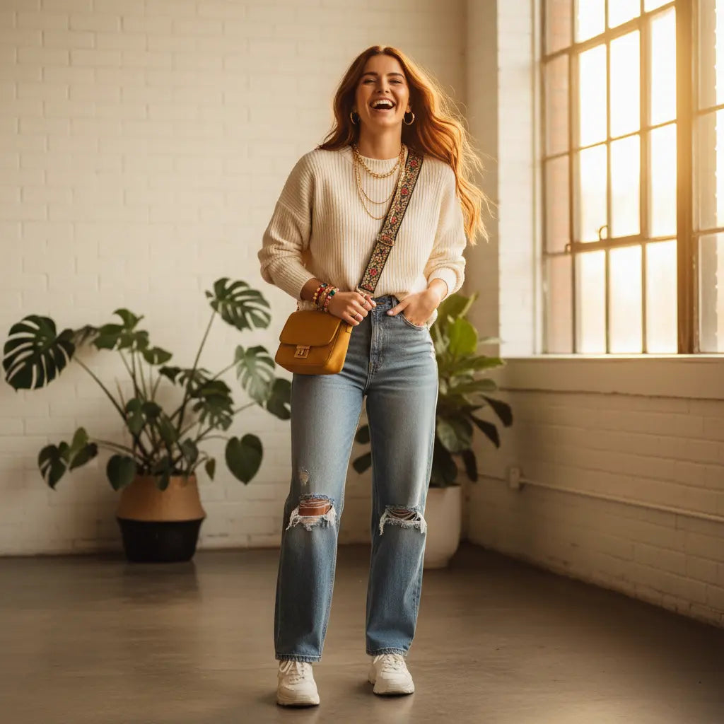 Woman laughing in a bright studio, wearing trendy casual fashion and accessories.