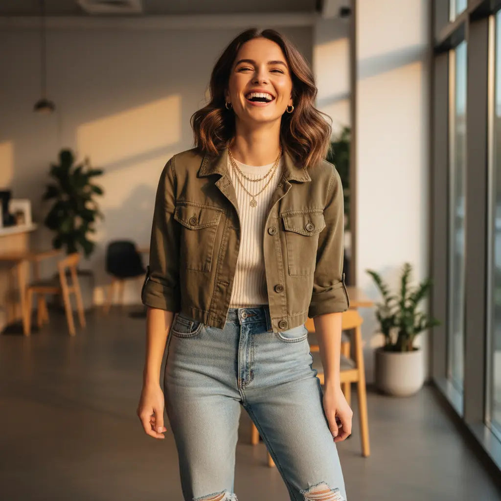 A young woman smiles joyfully in trendy, casual fashion with a bright, inviting backdrop.