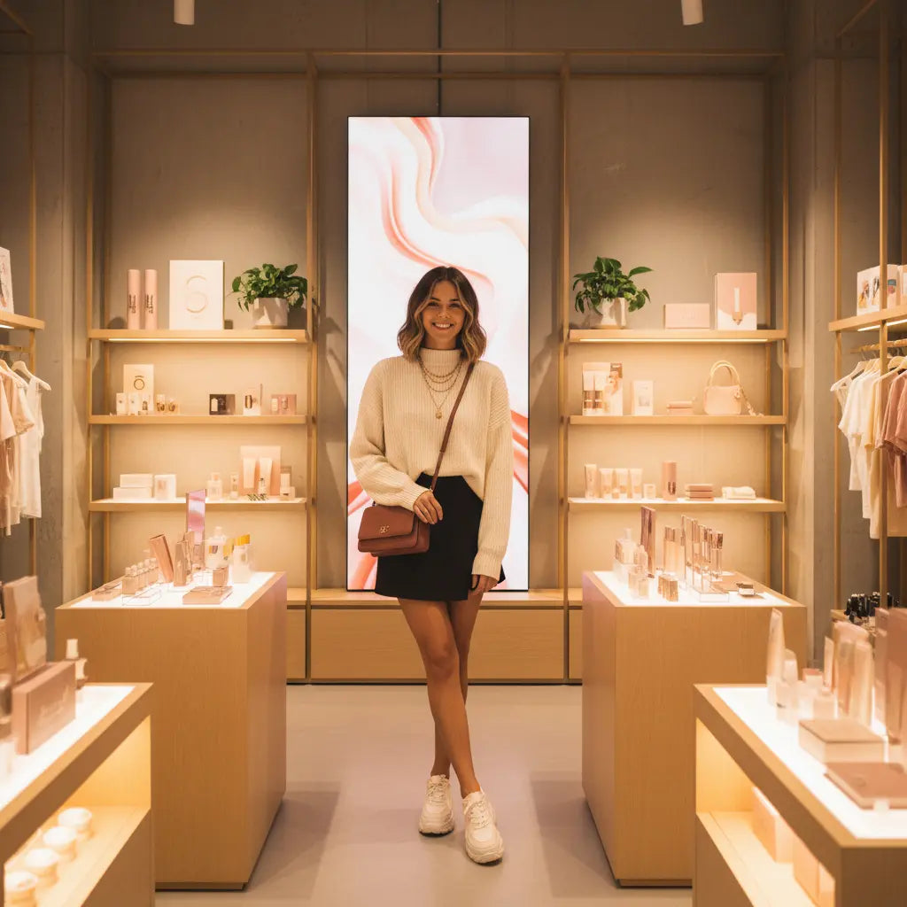 Woman in stylish casual clothes, smiling amidst soft, glowing fashion displays.