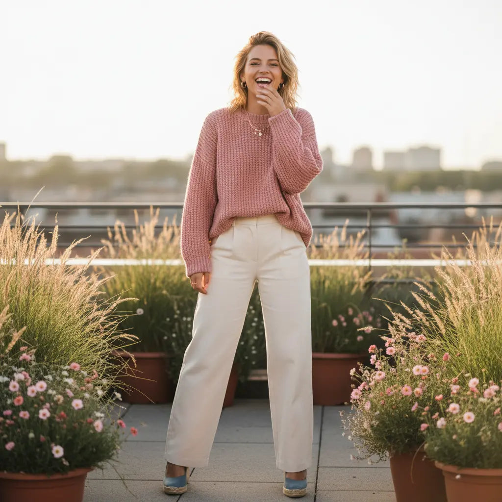 Woman with a bright smile, wearing stylish casual clothes, bathed in warm, soft sunlight
